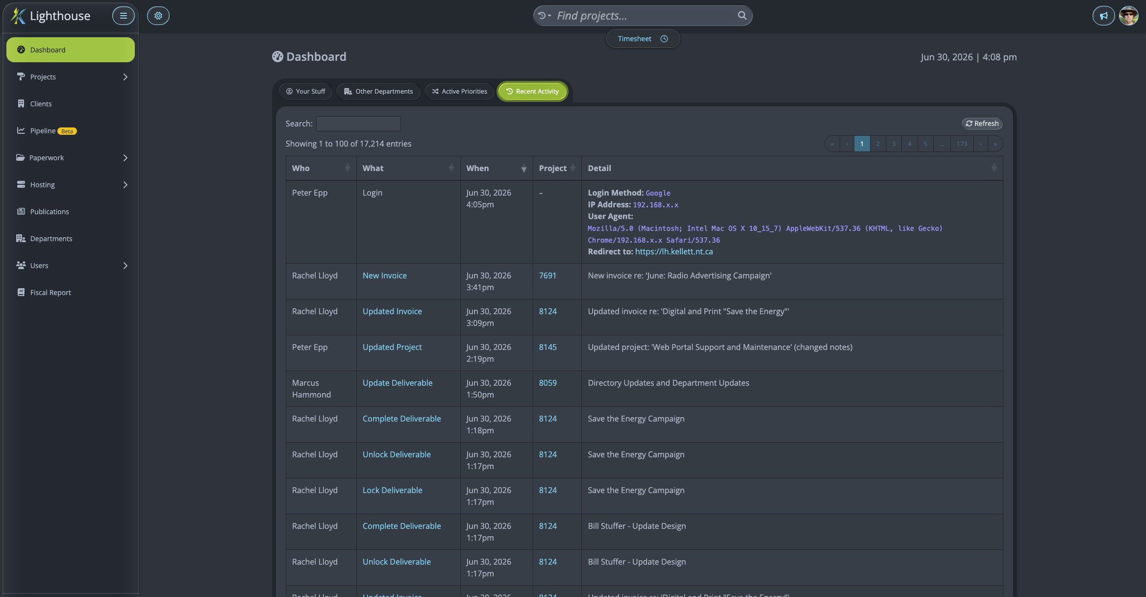 Lighthouse Dashboard - activities (audit log)
