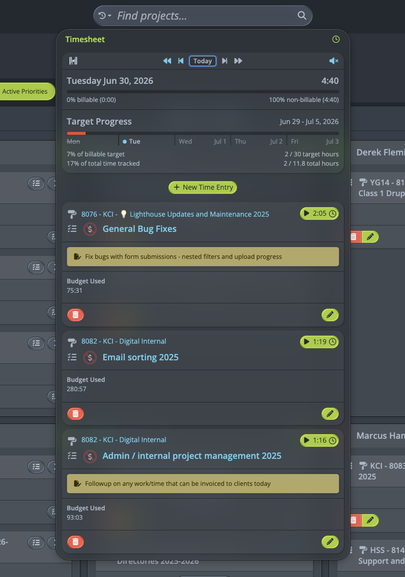 Lighthouse Header - timesheet widget
