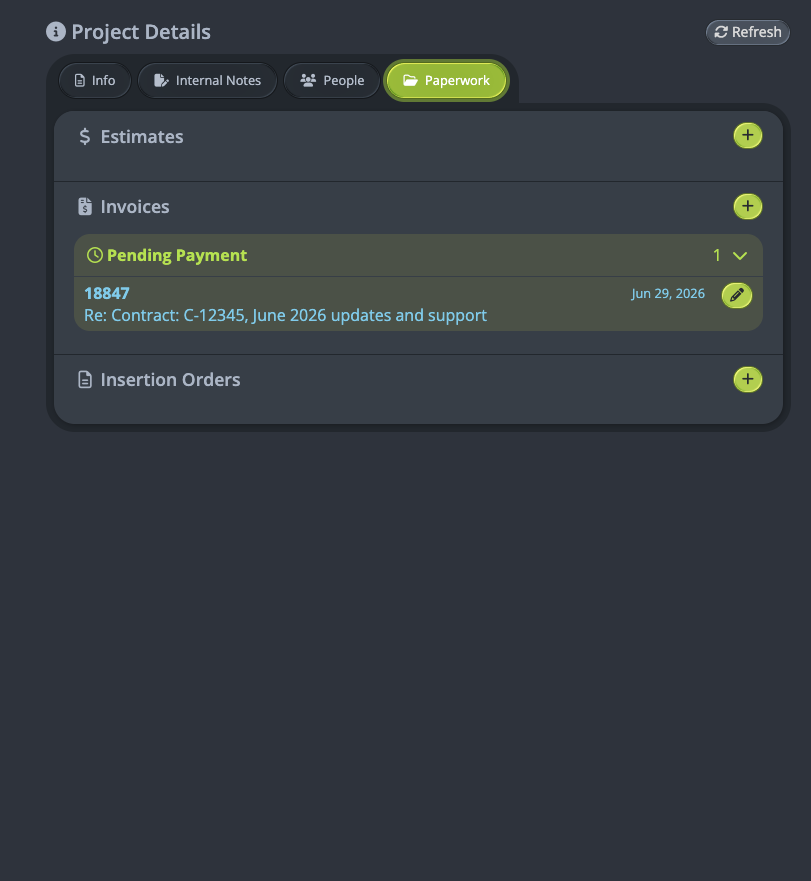 Lighthouse Project details - invoices, estimates and insertion orders