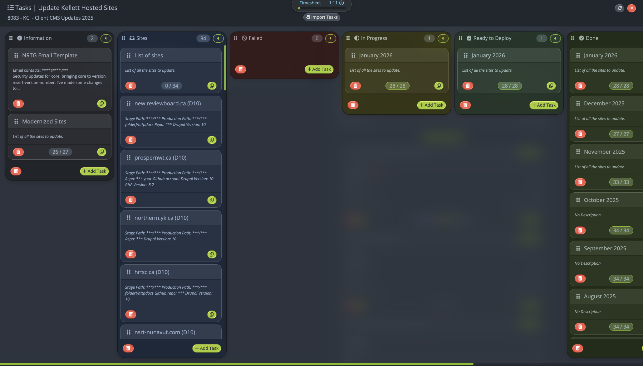 Lighthouse Tasks - kanban showing various columns and tasks