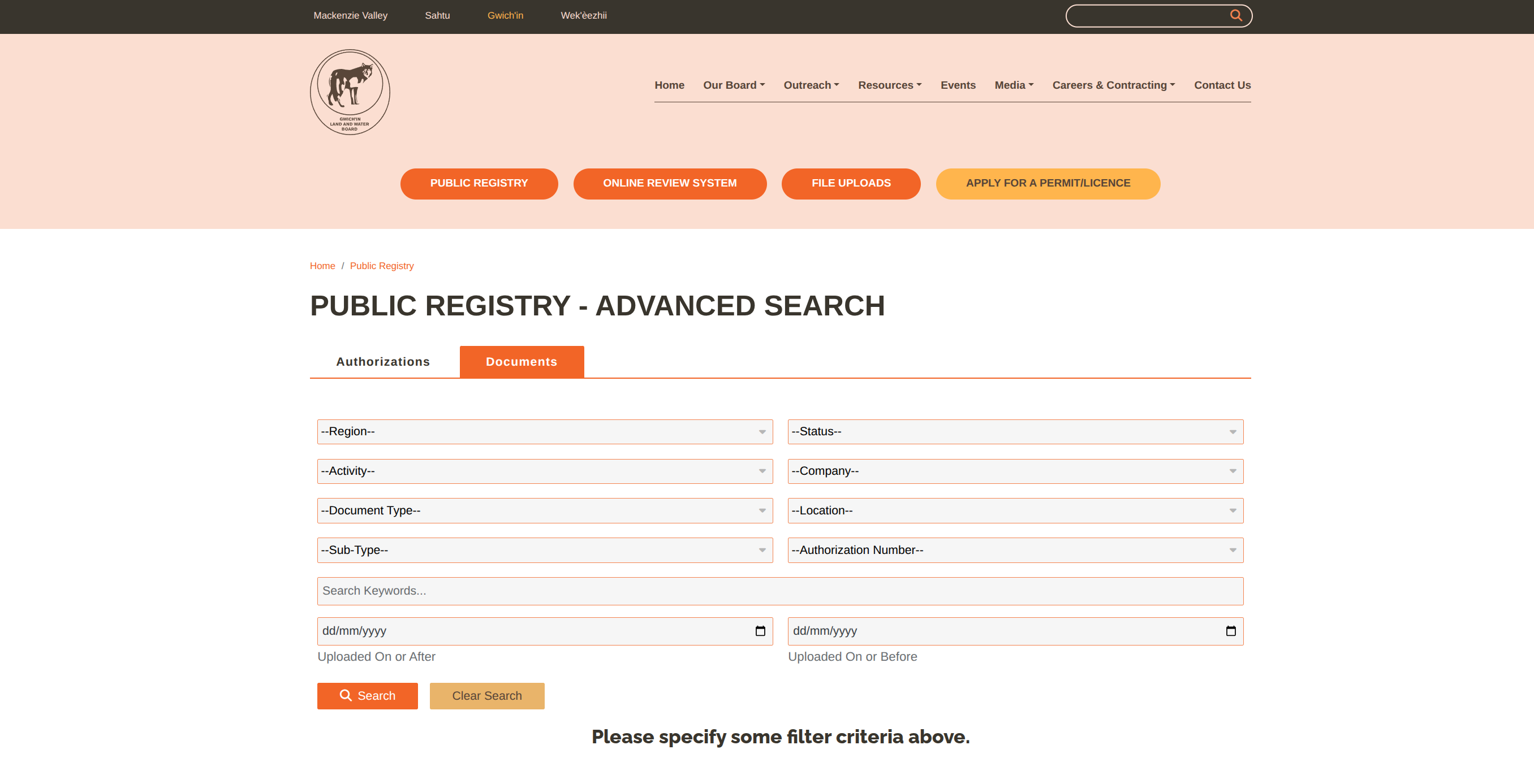 Gwich'in registry advanced document search with filter dropdowns