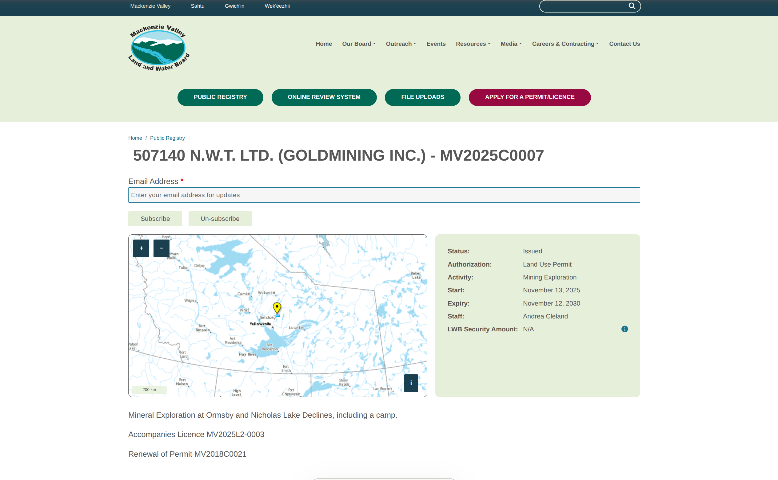 Authorization detail page with OpenLayers map and email subscription form