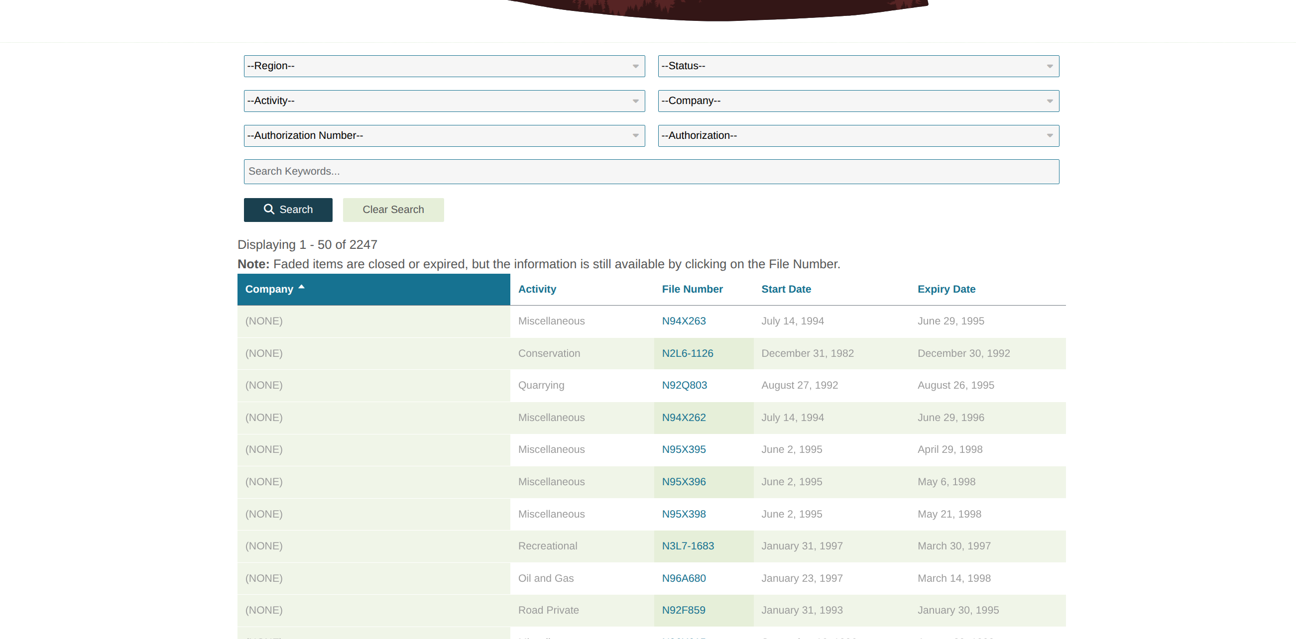 Mackenzie Valley registry authorizations listing with faceted search filters
