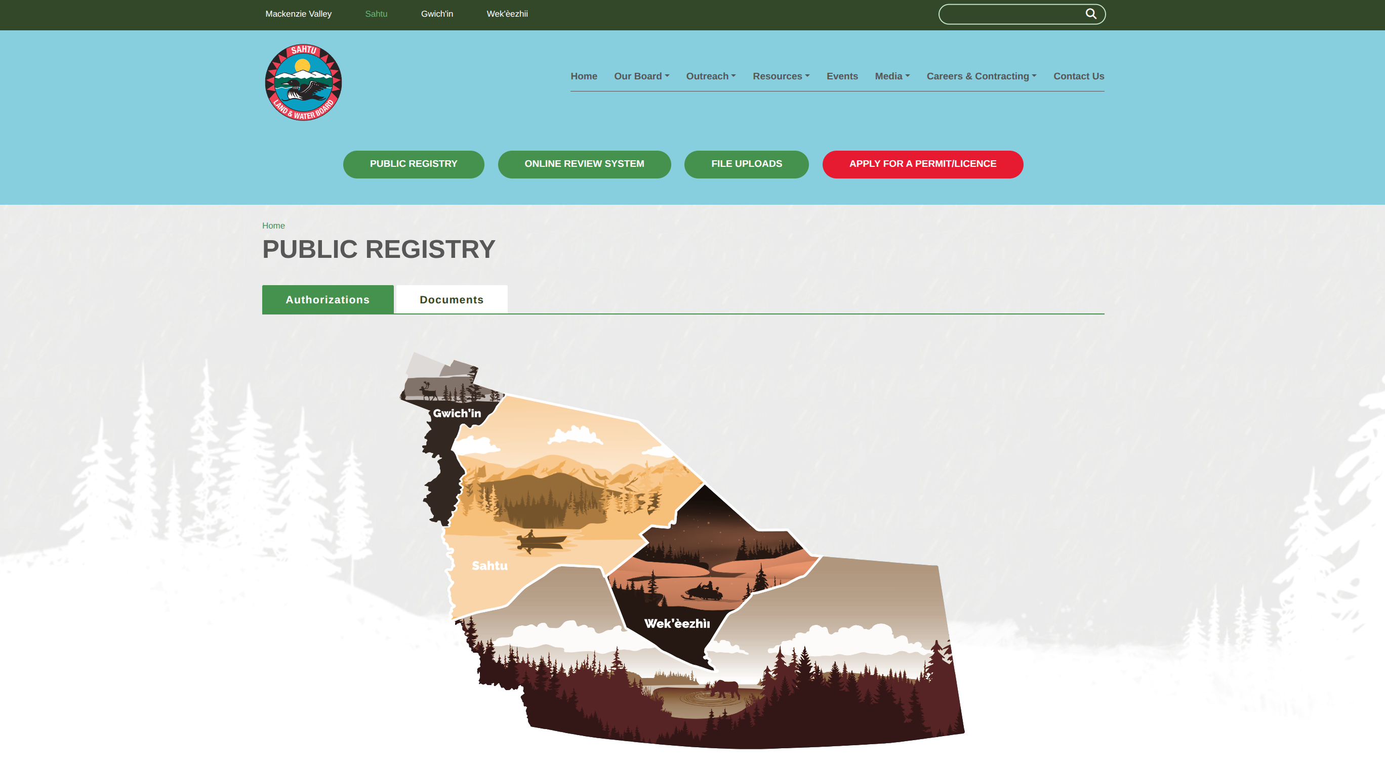 Sahtu Land and Water Board public registry showing the regional map navigator