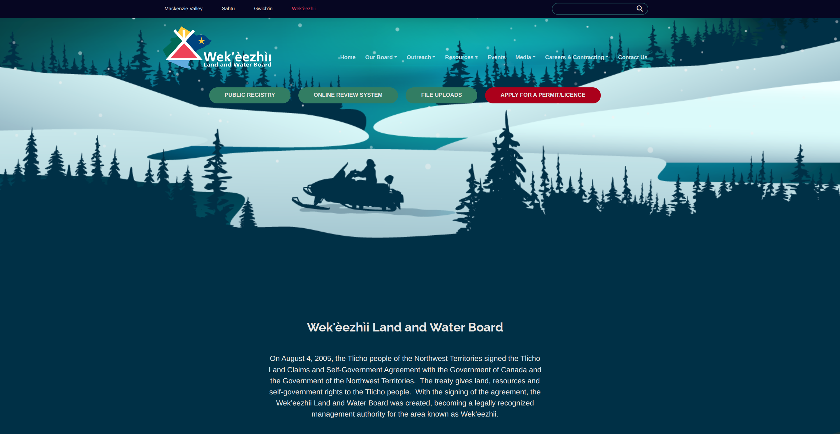 Wek'èezhii Land and Water Board home page with animated winter landscape hero