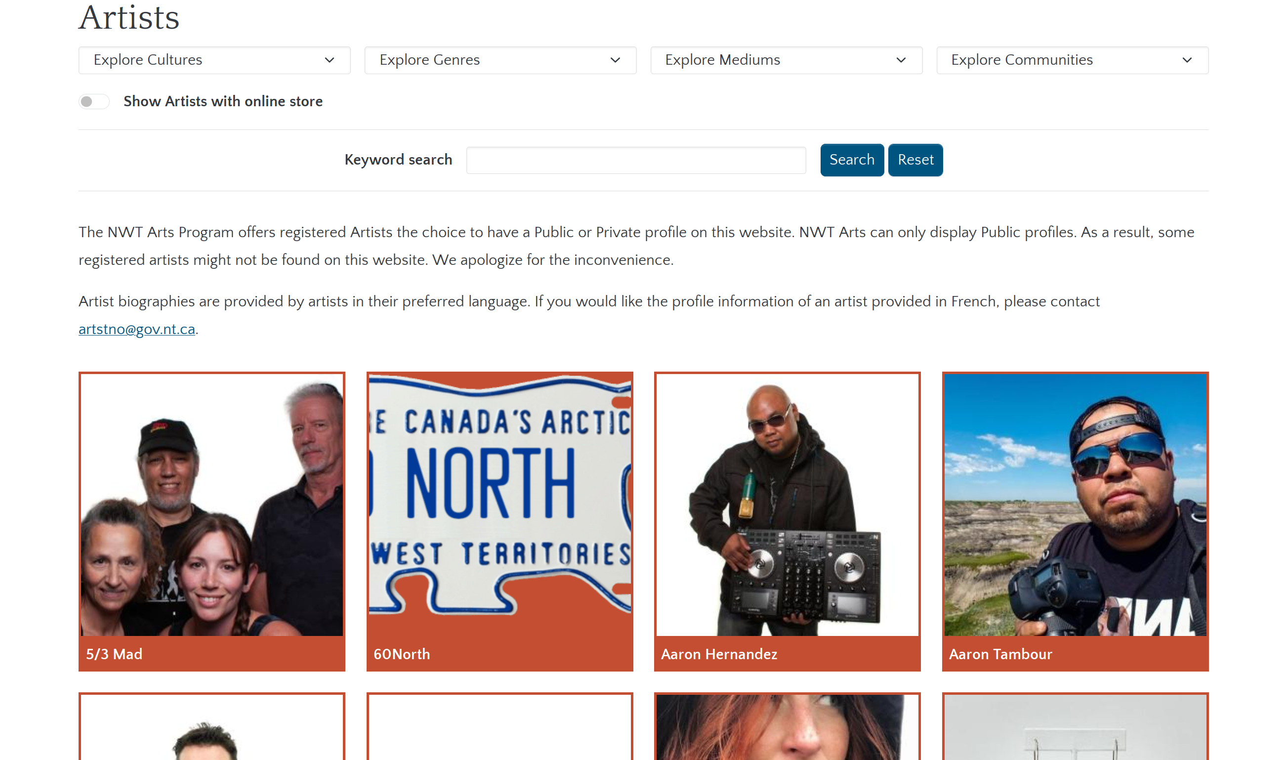NWT Arts Program - explore/search artist profiles