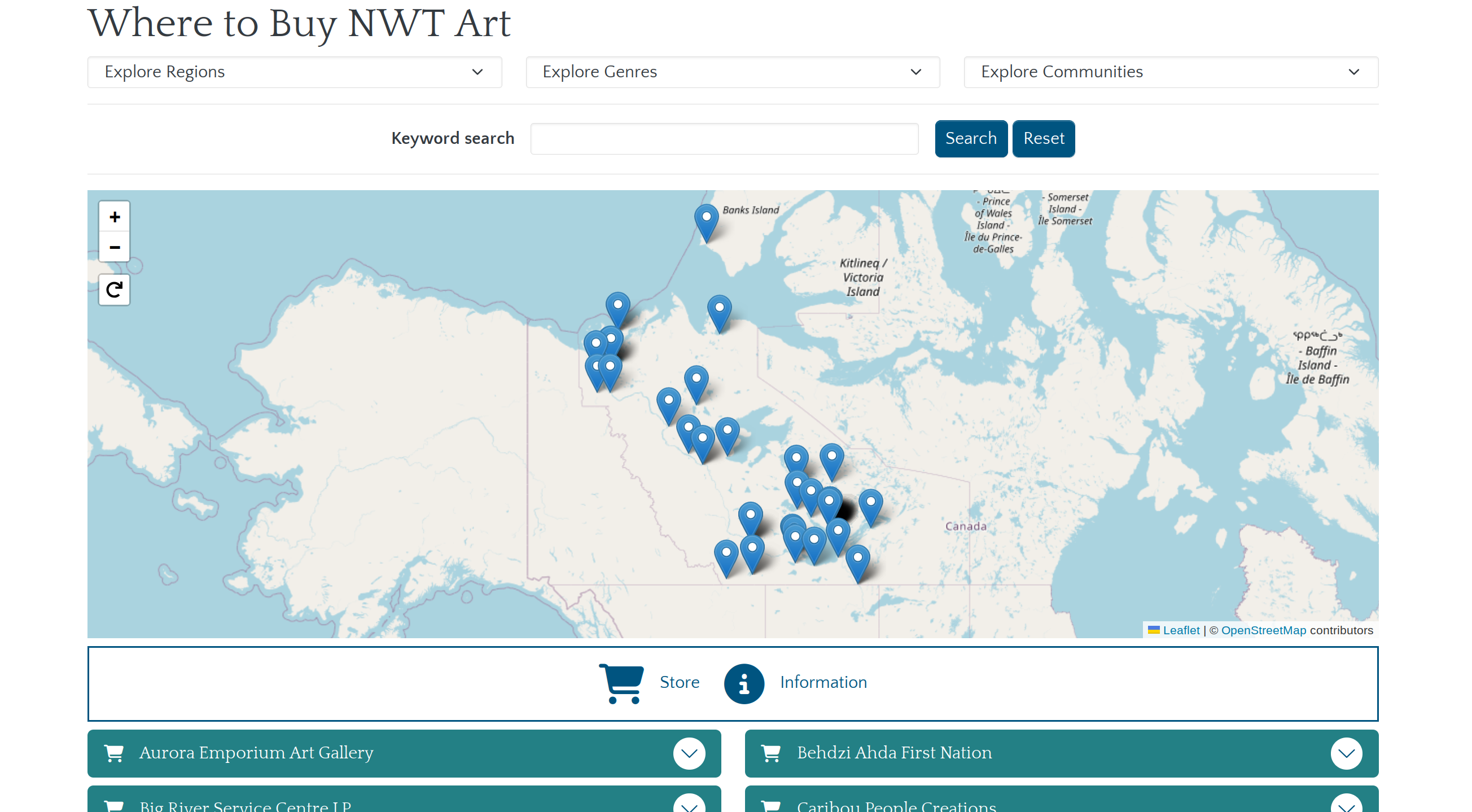 NWT Arts Program - interactive map with filters for places to buy art