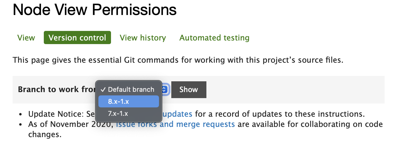 Screenshot of version control tab for the node view permissions module on drupal.org