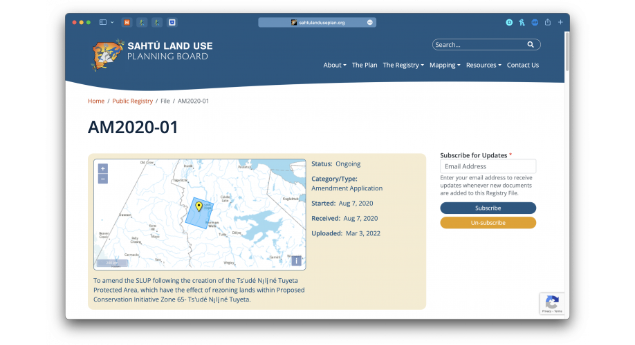 Sahtu Land Use Planning Board Public Registry File Page Desktop